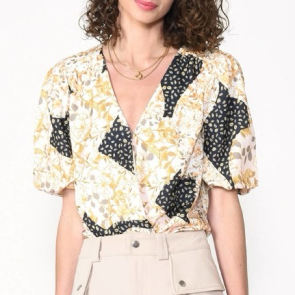 ADELYN RAE Puff Sleeve ‘Graylin’ Patchwork Print Cropped Blouse Top, Size XS